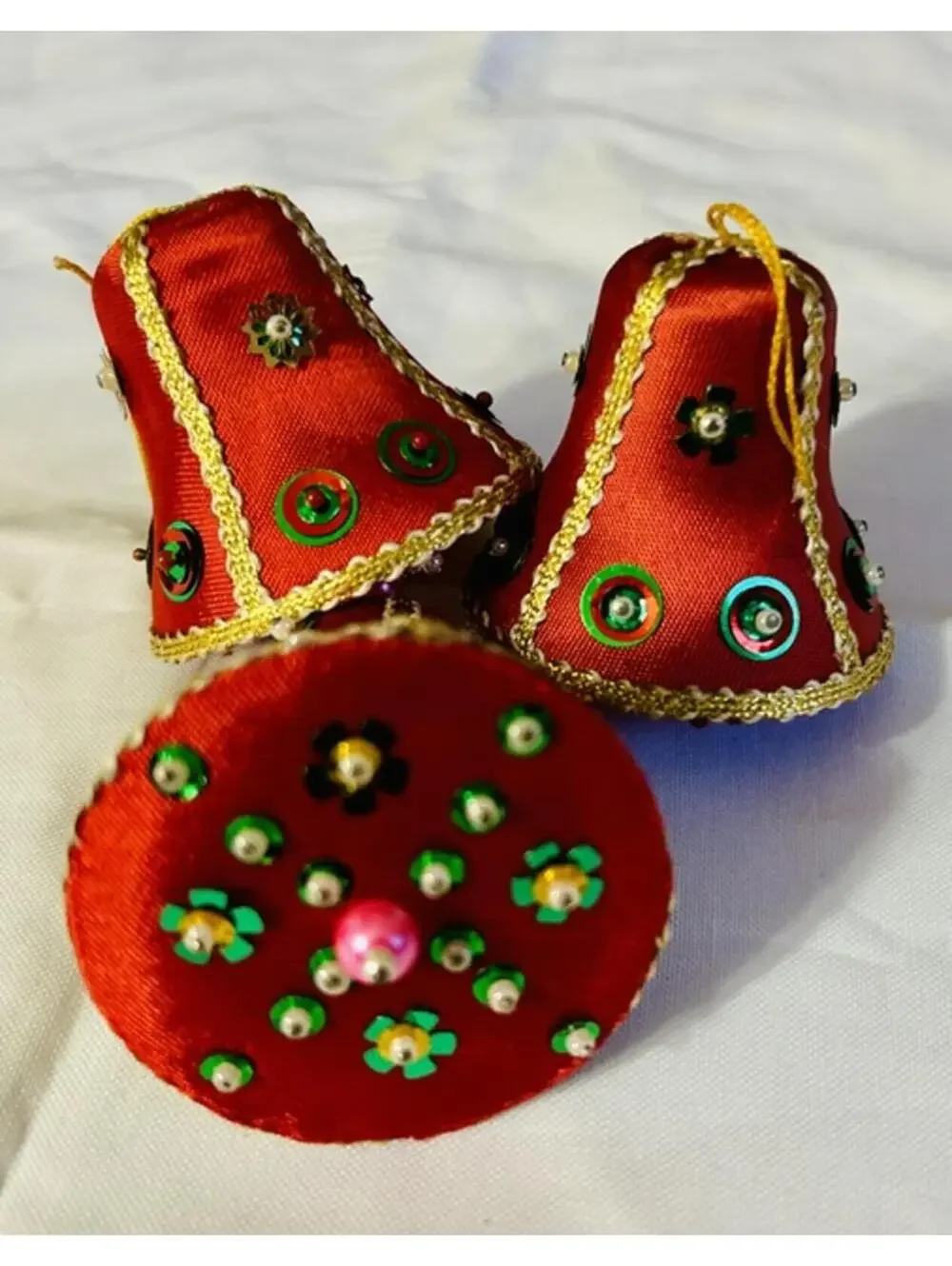 Set of 3 Red Decorative Hanging Bells with Sequin and Bead Embellishments